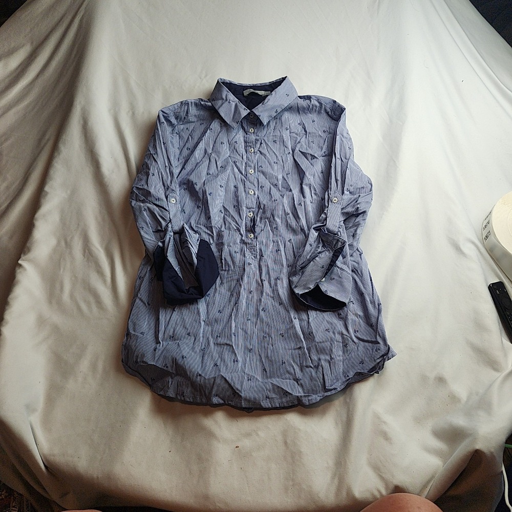 Dalia Button-Down Shirt Pinstripe Floral Blue White Women's Size Medium